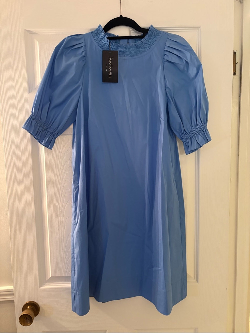 Sara Campbell Light Blue Smocked Neck Puff Sleeve Dress